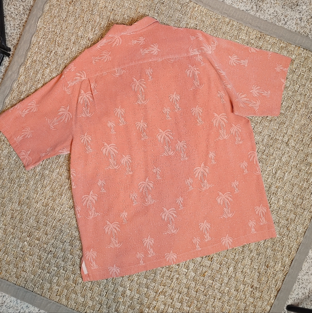 CARIBBEAN PALM PRINT WOVEN SILK BLEND SHORT SLEEVE SHIRT, CORAL XL - Picture 5 of 9